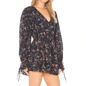 Tularosa Deedee Mini Dress S Navy Floral Print Long Sleeve V-Neckline